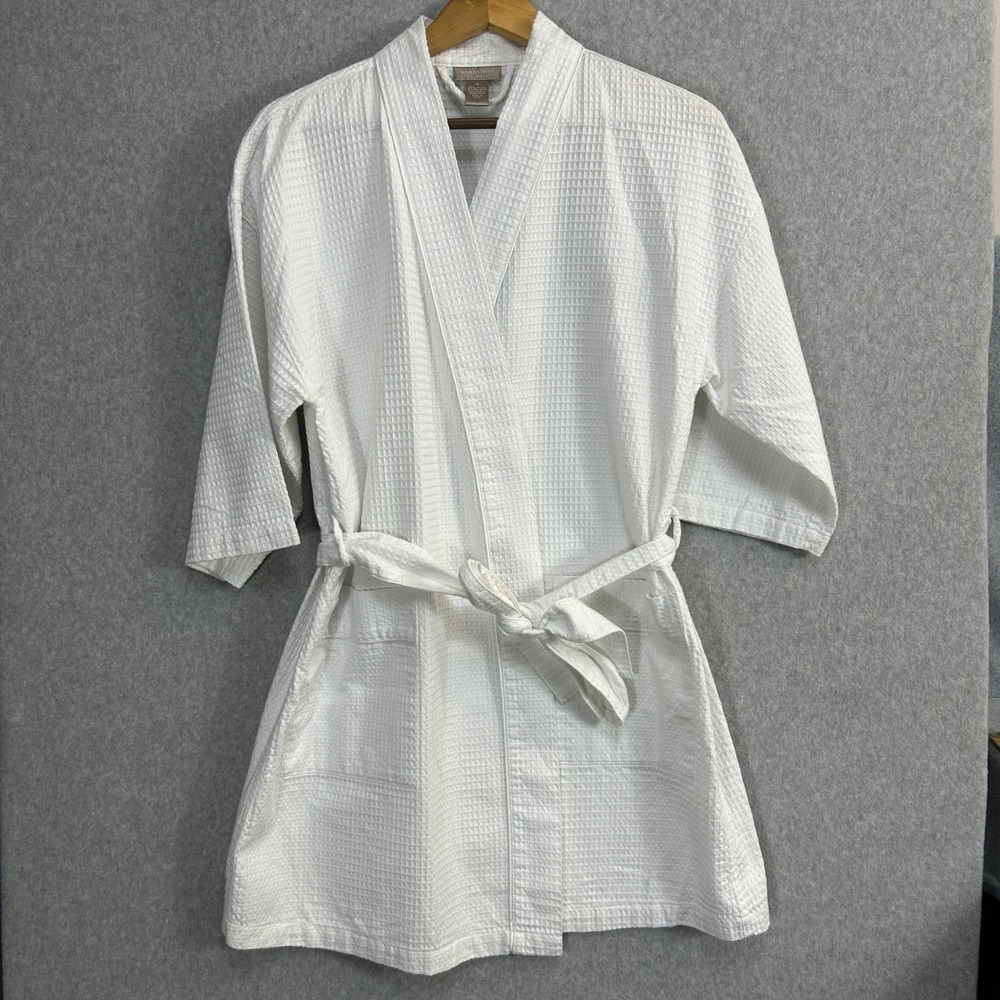 Nordstrom Intimates Robe White Waffle Weave Cotton Blend Tie Waist Womens Medium